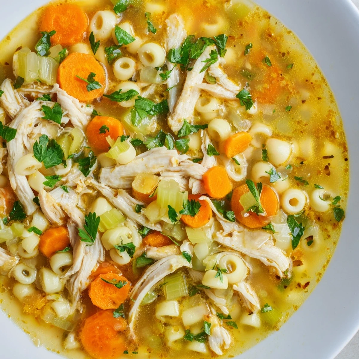 Steaming hot Chicken and Ditalini Flu Fighter Soup, garnished with fresh parsley, ready to eat.