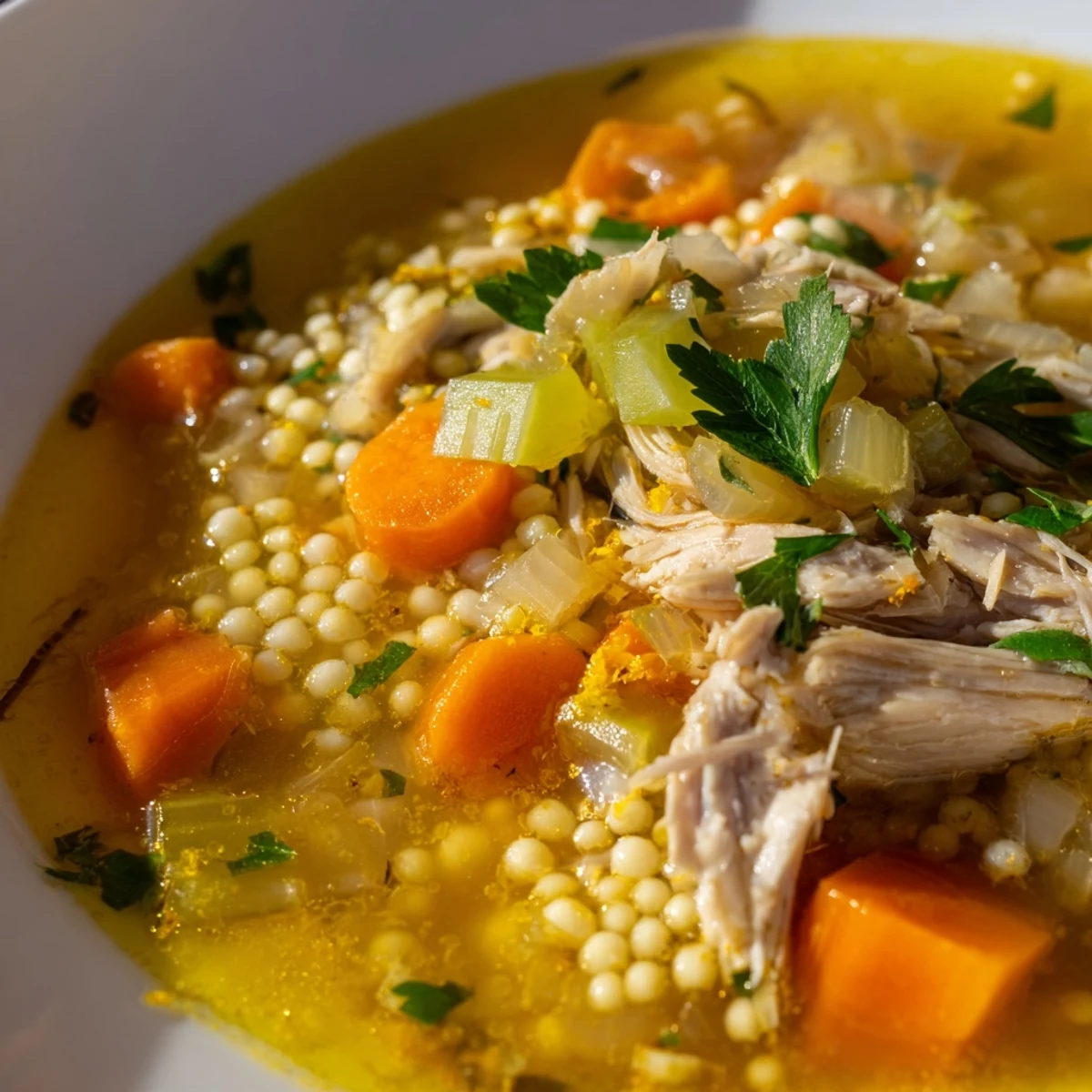 Enjoy a bowl of delicious Chicken and Ditalini Flu Fighter Soup with tender chicken and vegetables.