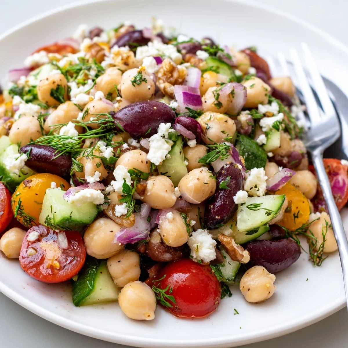 Vibrant Dense Bean Salad, glistening with a tart cherry vinaigrette, and featuring colorful vegetables.