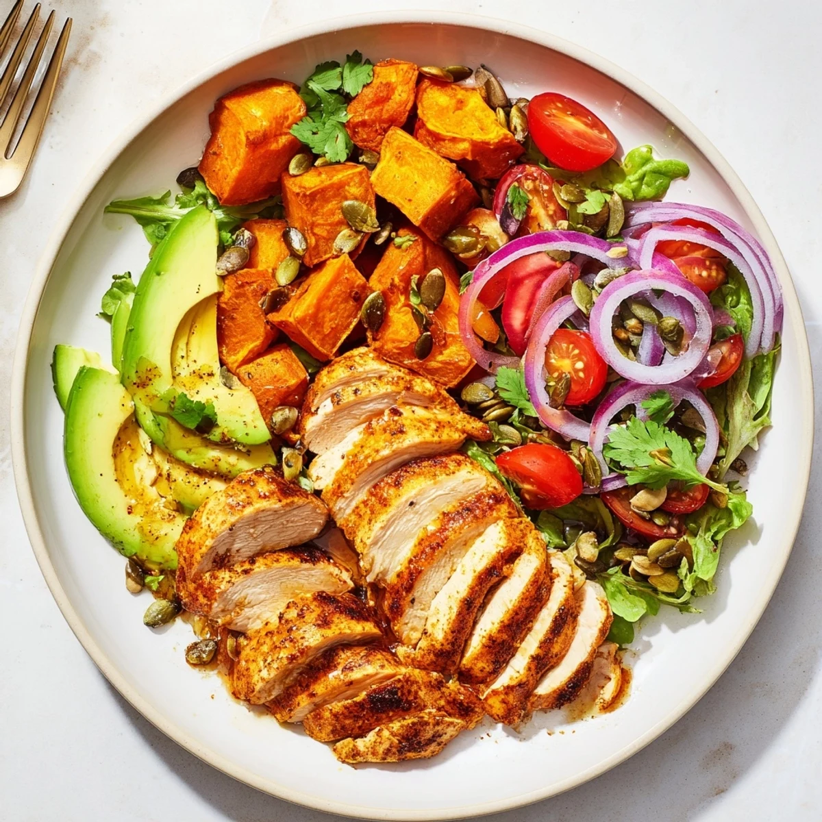 Avocado and Sweet Potato Chicken Bowl with vibrant colors and a drizzle of spicy honey.