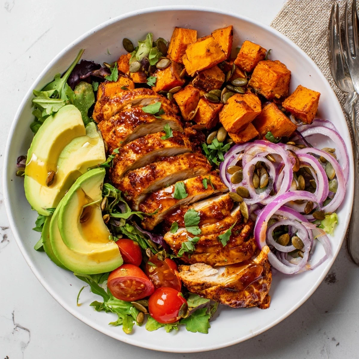 This Avocado and Sweet Potato Chicken Bowl features tender chicken and roasted sweet potatoes in a beautiful display.