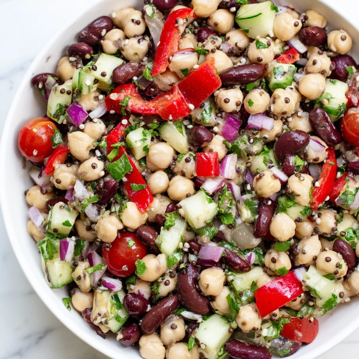 Vibrant, fresh Dense Bean Salad with Wellness Seeds, ready to eat for a refreshing and healthy lunch.