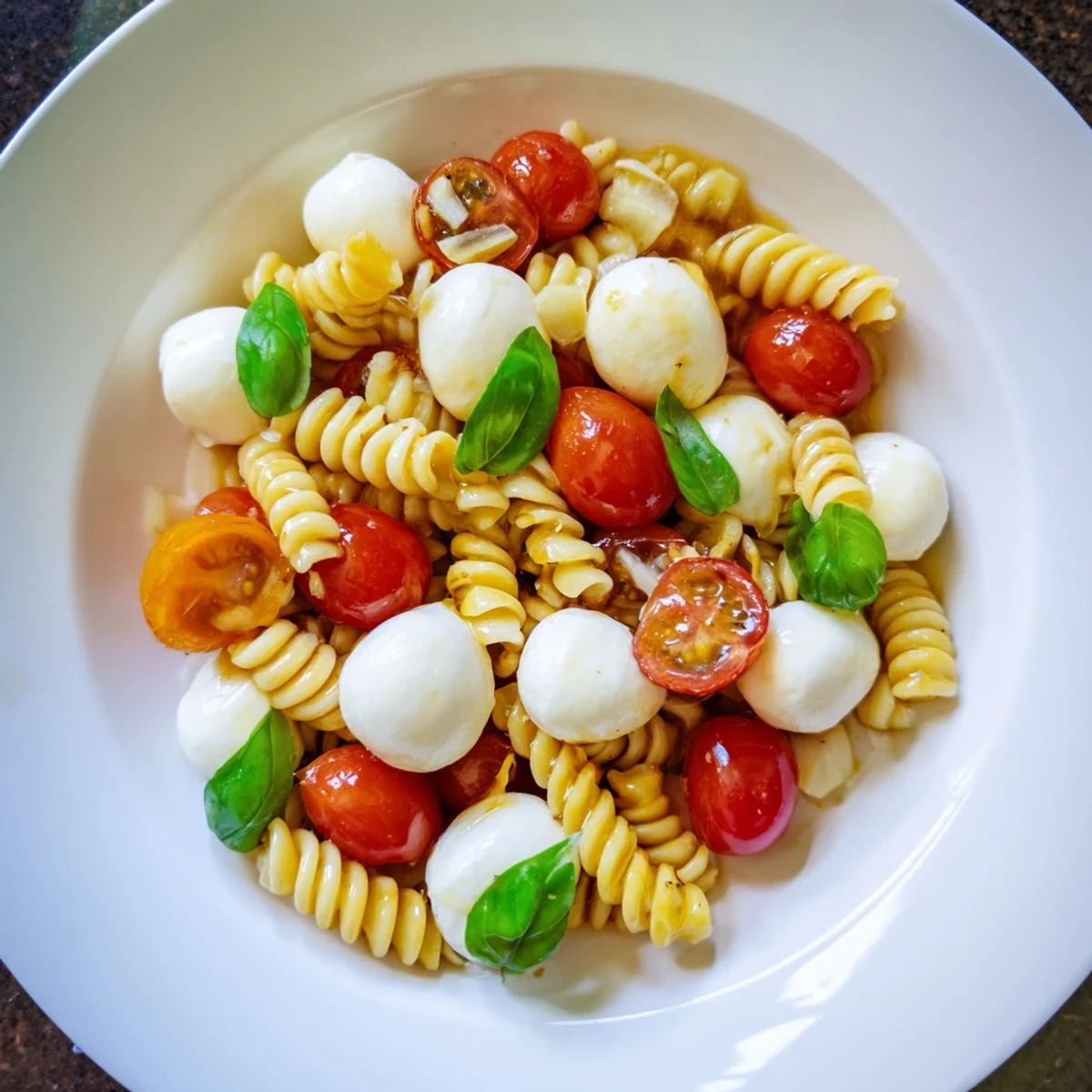 Vibrant Caprese Pasta Salad: a colorful image shows pasta, mozzarella, and tomatoes ready to serve.