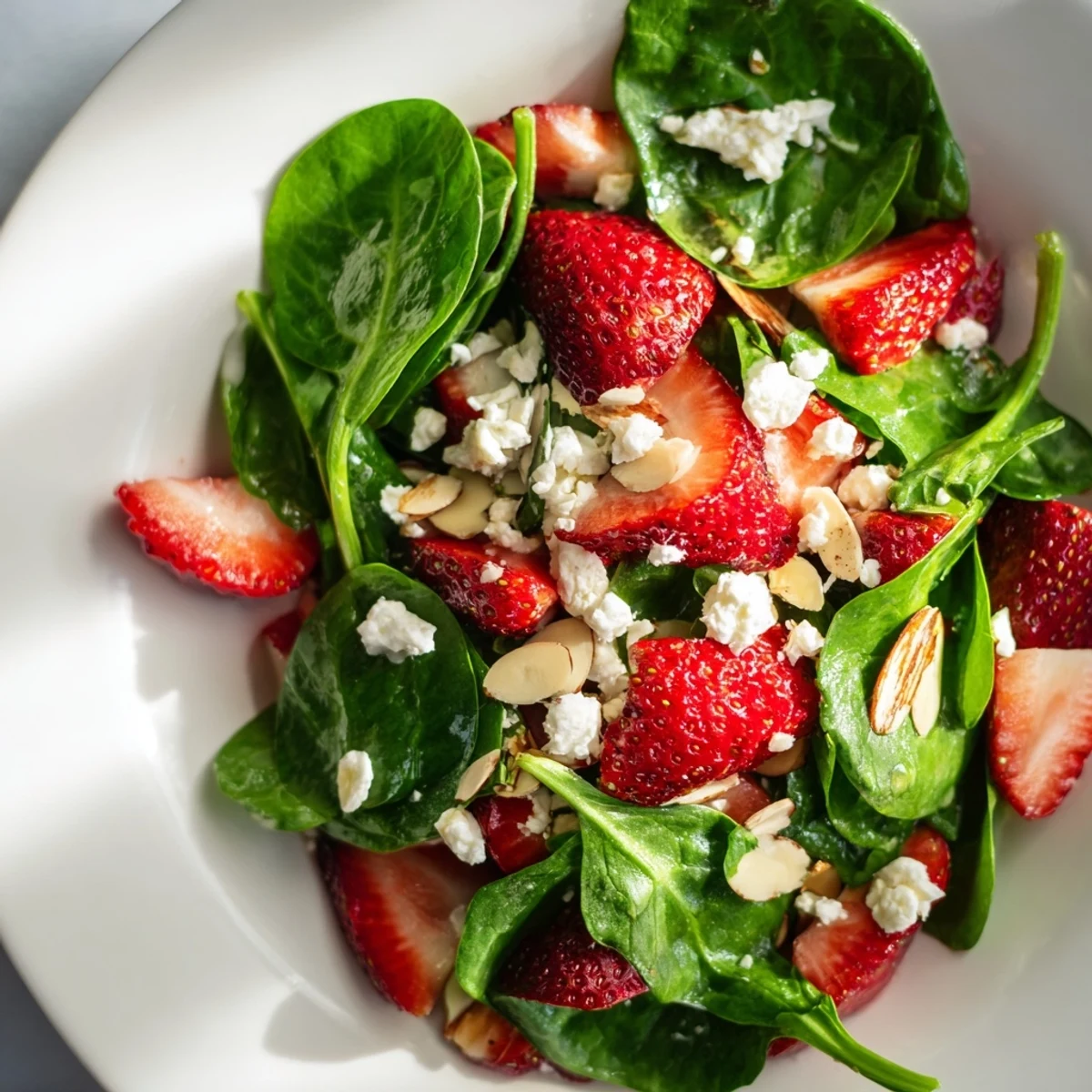 Close-up of a vibrant Strawberry Spinach Salad, featuring juicy strawberries and creamy feta.