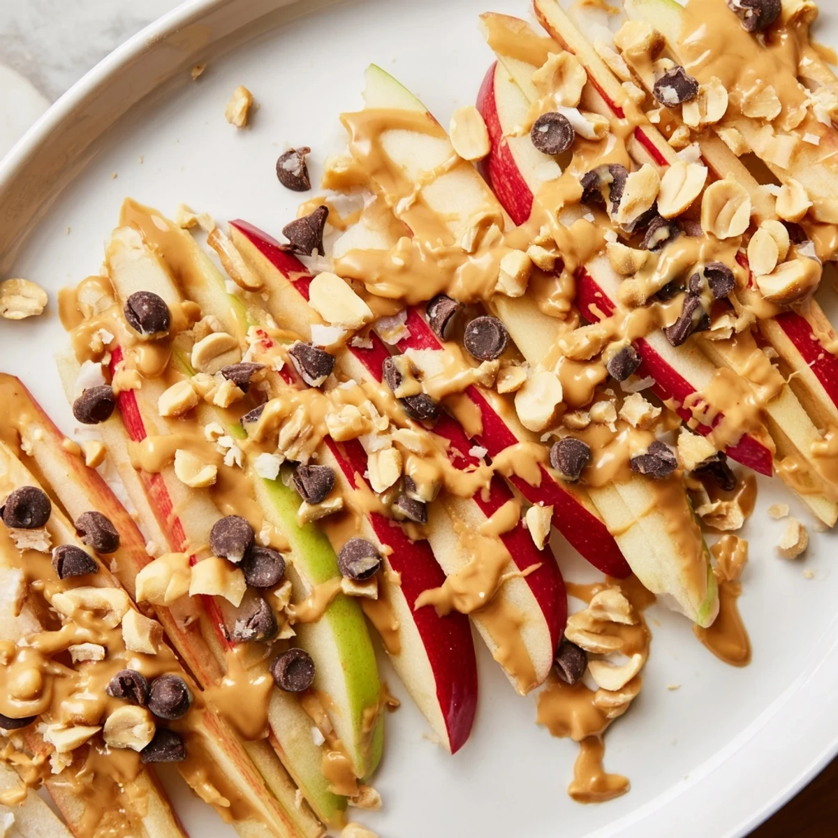 A plate of Peanut Butter Apple Nachos, a colorful and healthy snack.