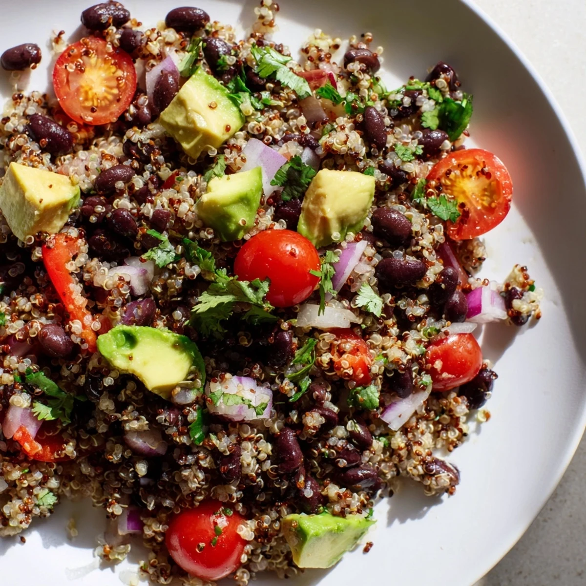 A colorful Quinoa Black Bean Salad, showcasing fresh vegetables and creamy avocado, ready to serve.