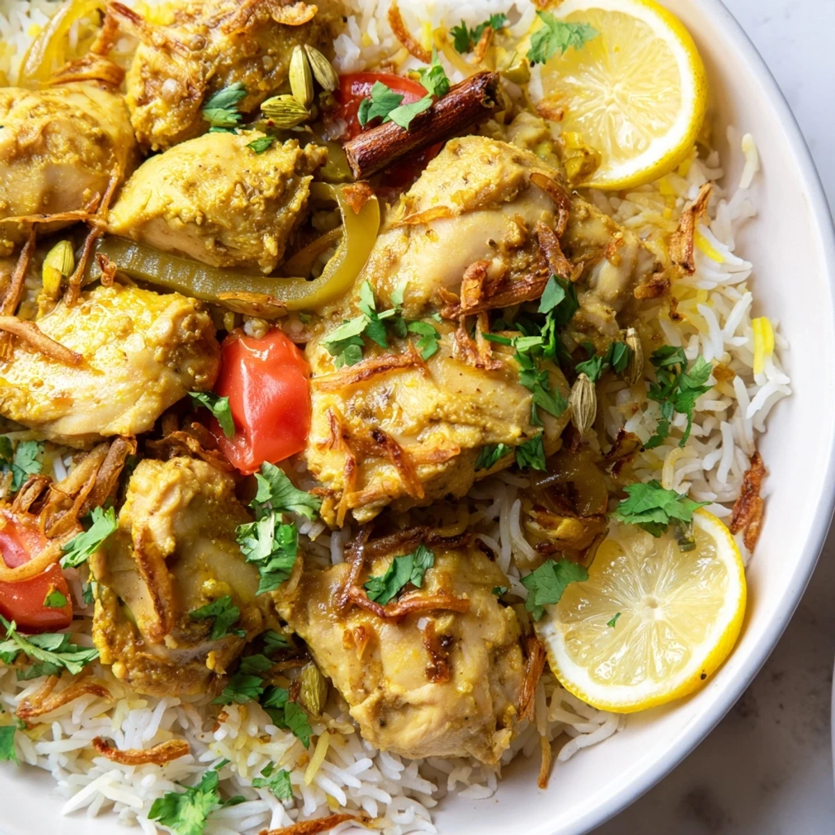 Steaming Easy Chicken Biryani with fluffy rice, tender chicken, and vibrant, aromatic spices ready to eat.