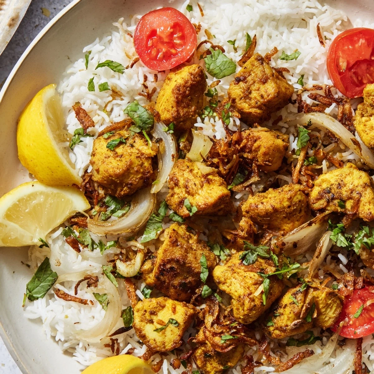 Close-up shot of Easy Chicken Biryani garnished with cilantro and fried onions, a flavorful, satisfying dinner idea.