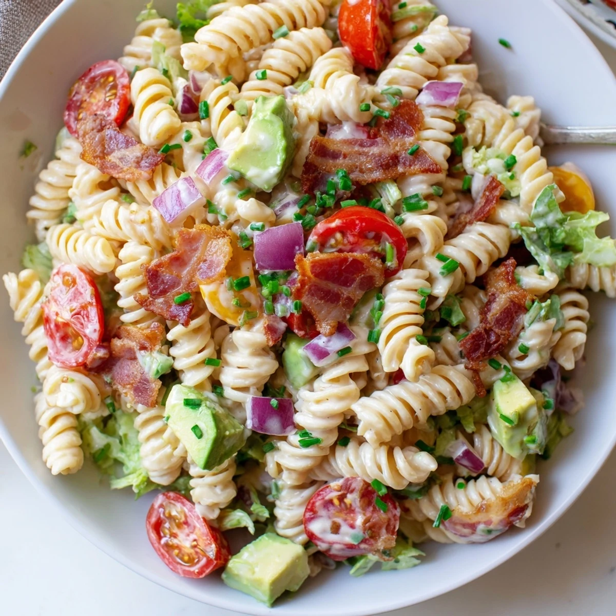 BLT Pasta Salad, a creamy, savory dish filled with crispy bacon and ripe tomatoes.