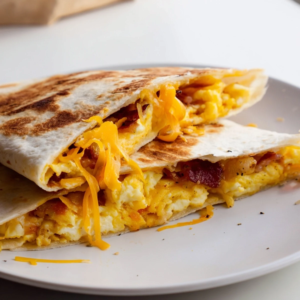 Golden, crispy Breakfast Crunchwrap hack, filled with fluffy eggs, cheese, and crunchy hash browns.