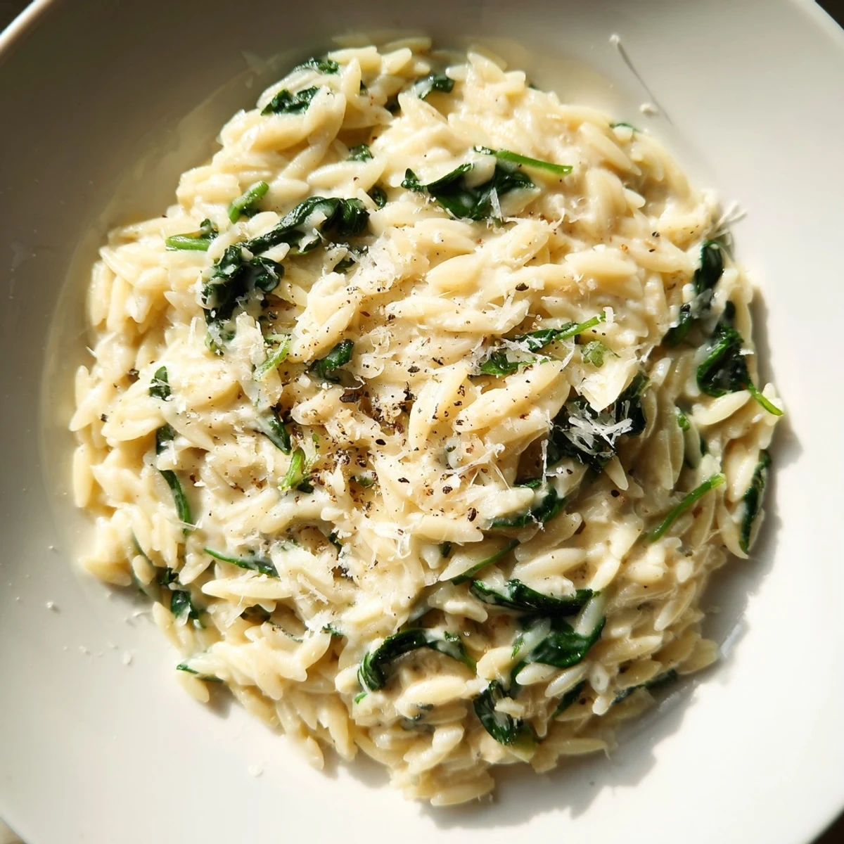 Golden-hued Creamy Spinach Orzo, with wilted greens, offers a comforting, creamy Italian dinner.