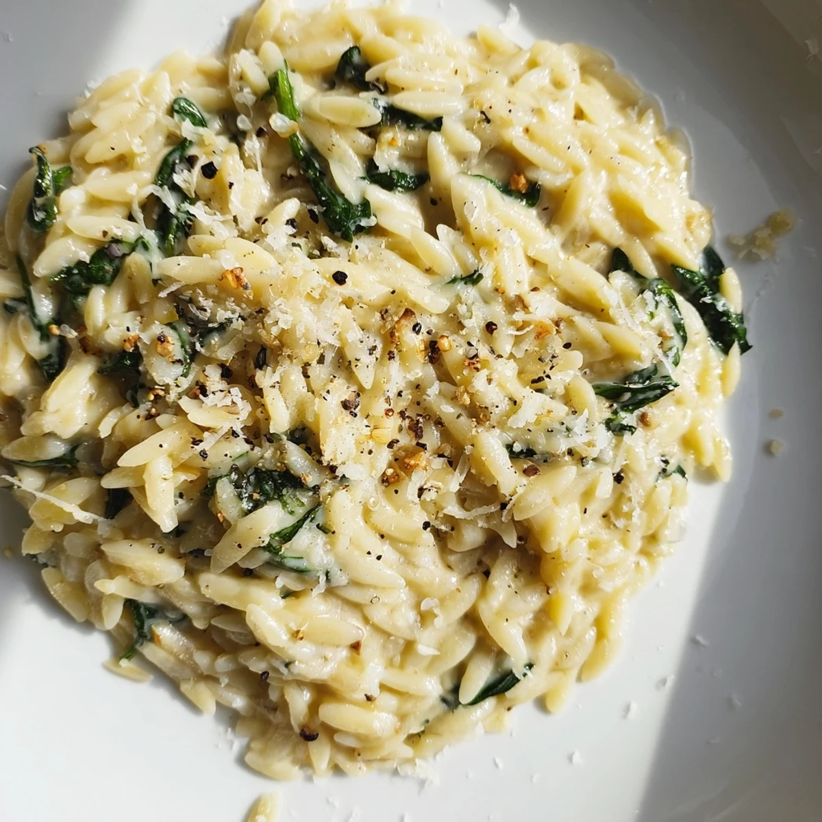 A close-up shot of Creamy Spinach Orzo, a hearty vegetarian pasta dish, ready to serve and enjoy.