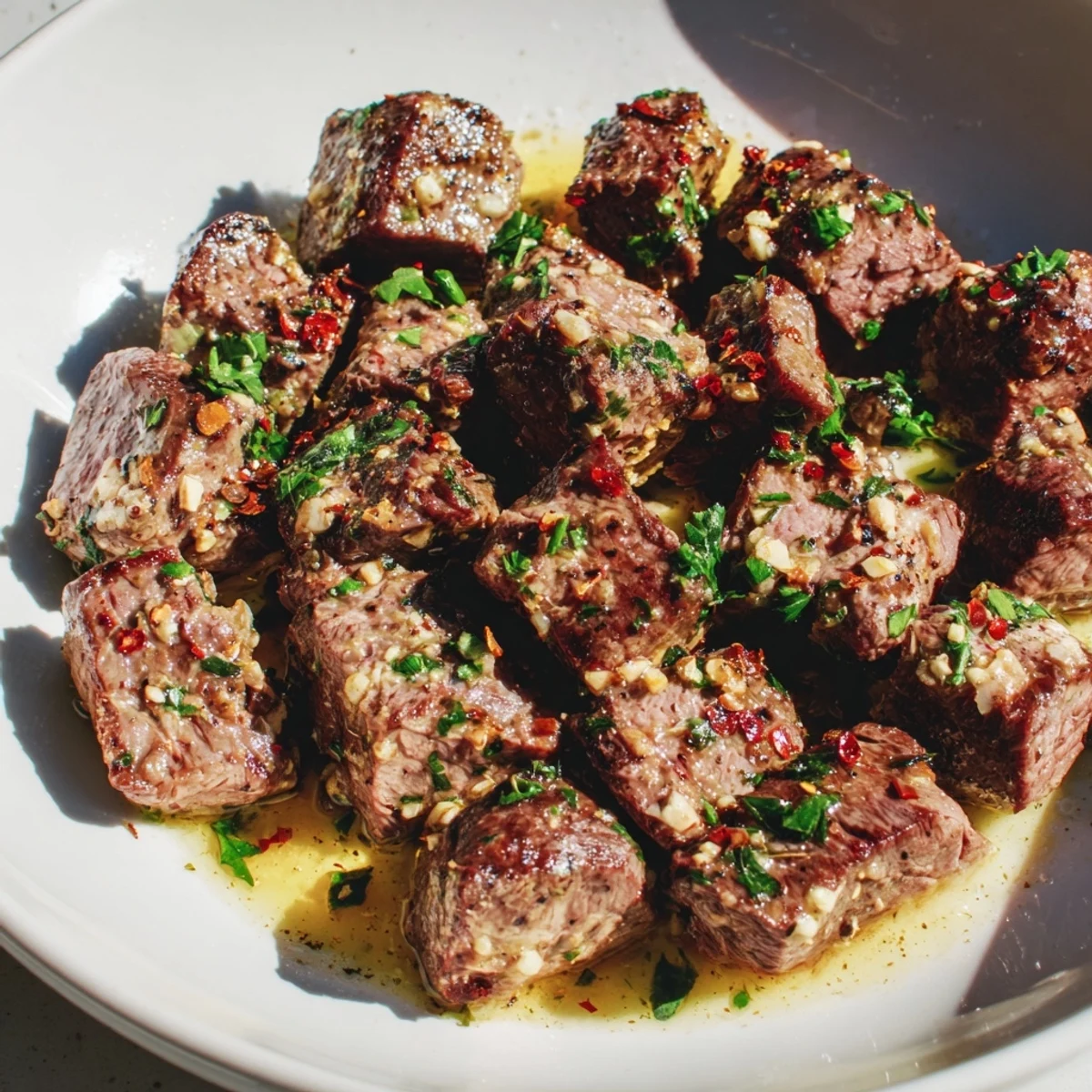 Sizzling pan of garlic butter steak bites, perfectly seared and coated in a rich garlic butter sauce.