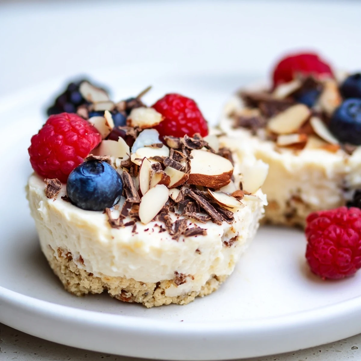 These chilled Protein Cheesecake Cups look delicious, showcasing a layered treat with a golden, crunchy base.