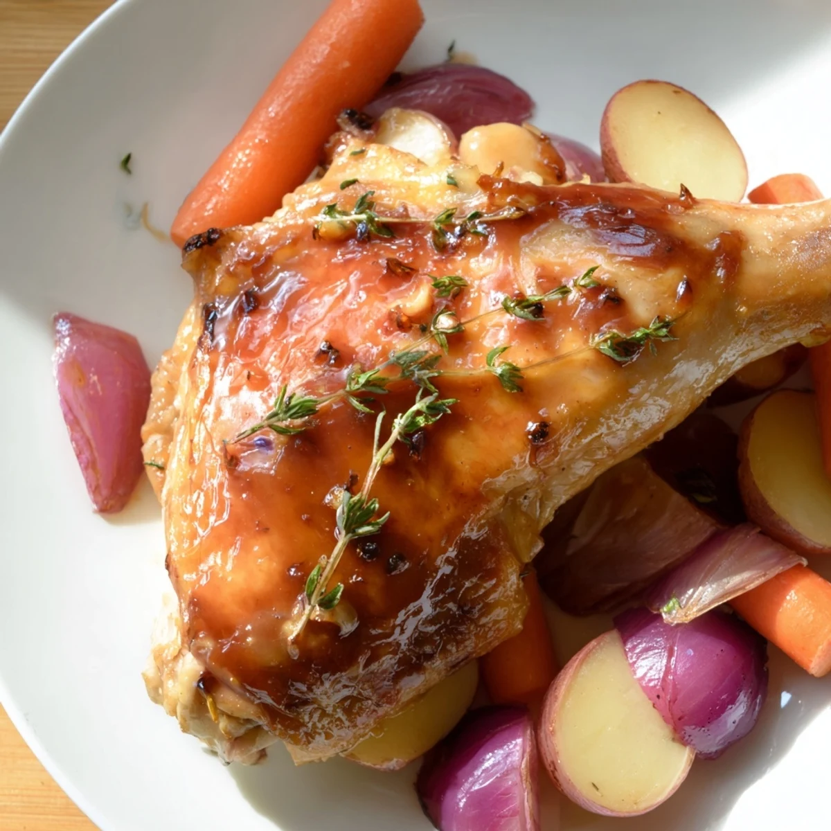 Golden-skinned Maple Dijon Chicken Thighs with roasted vegetables, a delicious one-pan dinner.