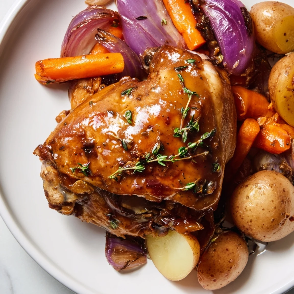Sheet pan of flavorful Maple Dijon Chicken Thighs, perfectly cooked with a glossy, sweet glaze.