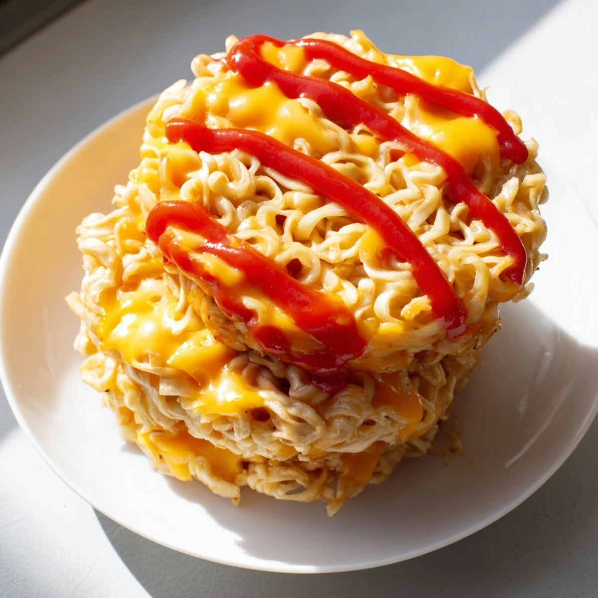 Golden-brown Instant Ramen Grilled Cheese on a plate, ready to enjoy with melty cheese.