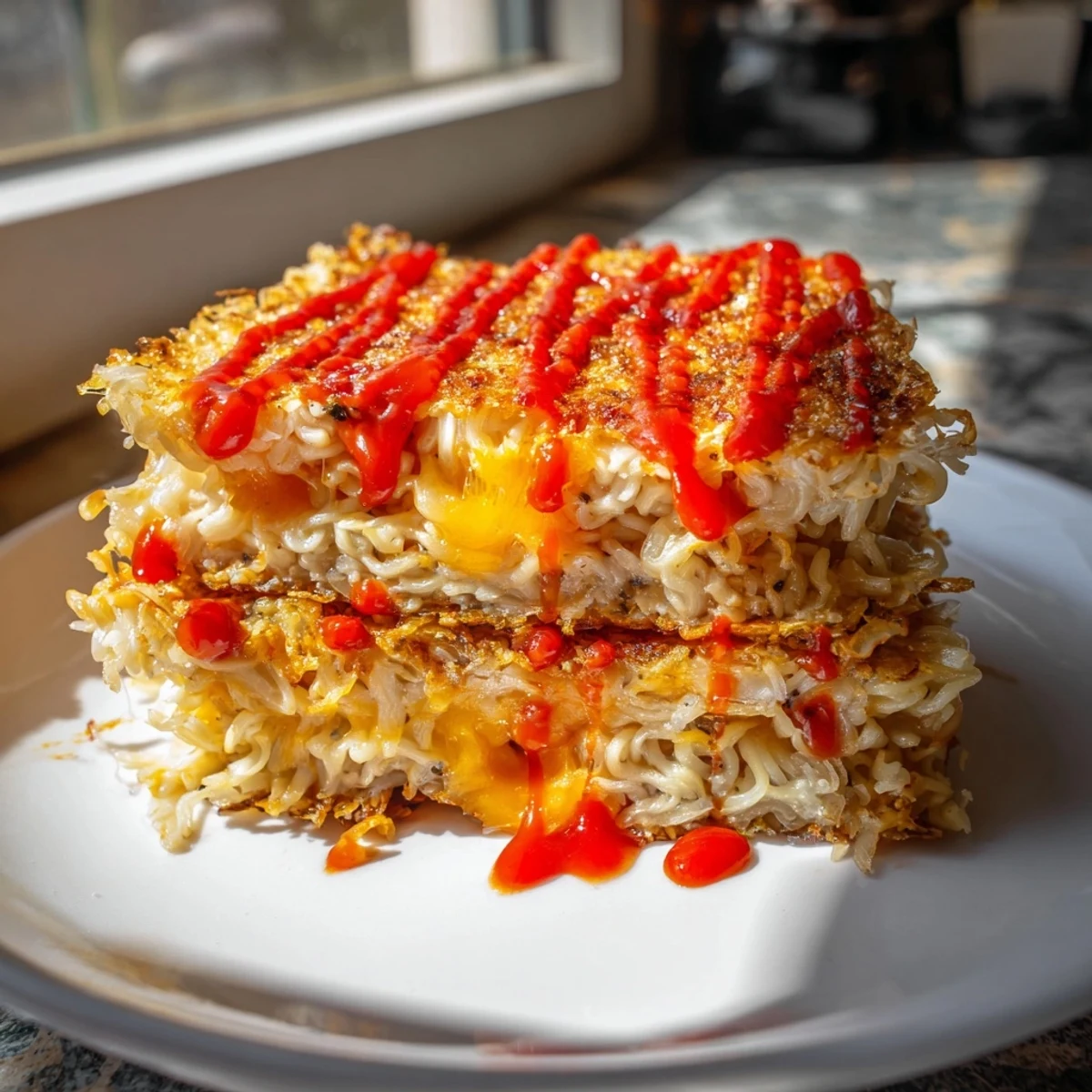 A close-up of a crispy Instant Ramen Grilled Cheese, with cheese oozing between noodle buns.