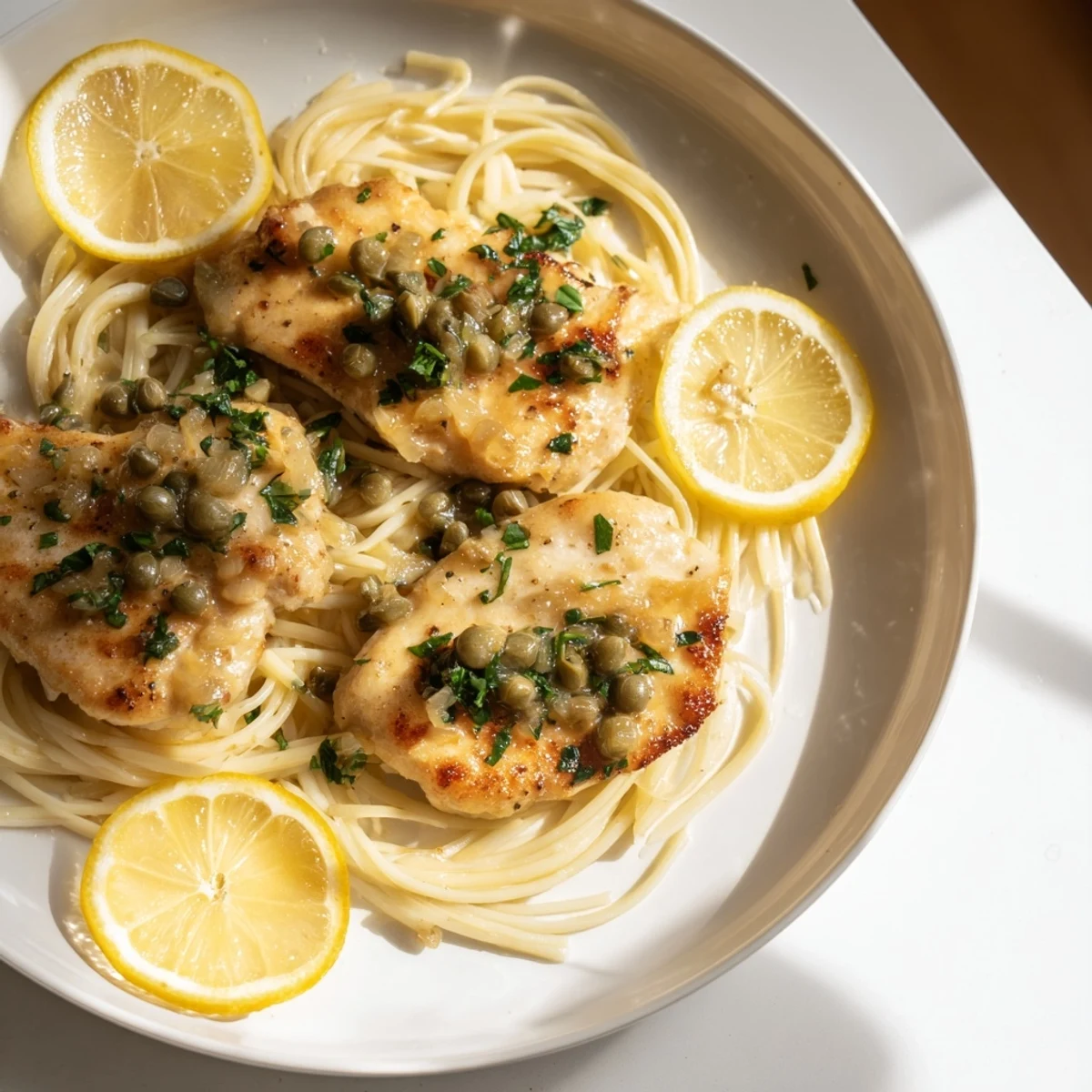 Bright and glossy Quick Chicken Piccata Pasta, with golden chicken and luscious, buttery lemon sauce.