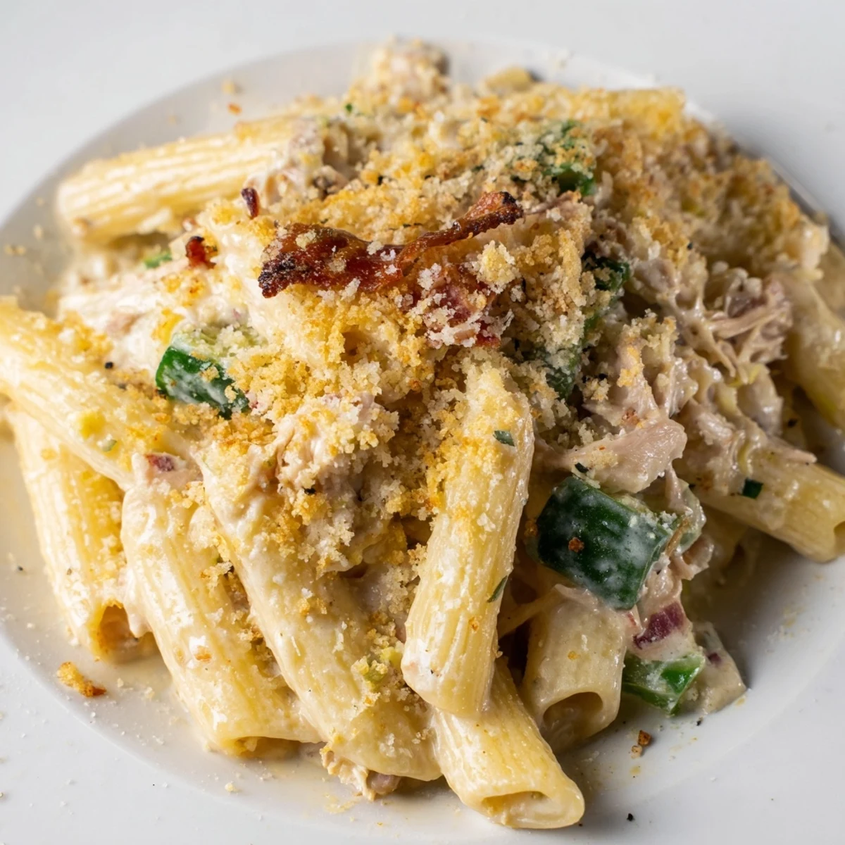 A close-up of steaming Jalapeño Popper Chicken Pasta, showcasing melted cheese and diced chicken.