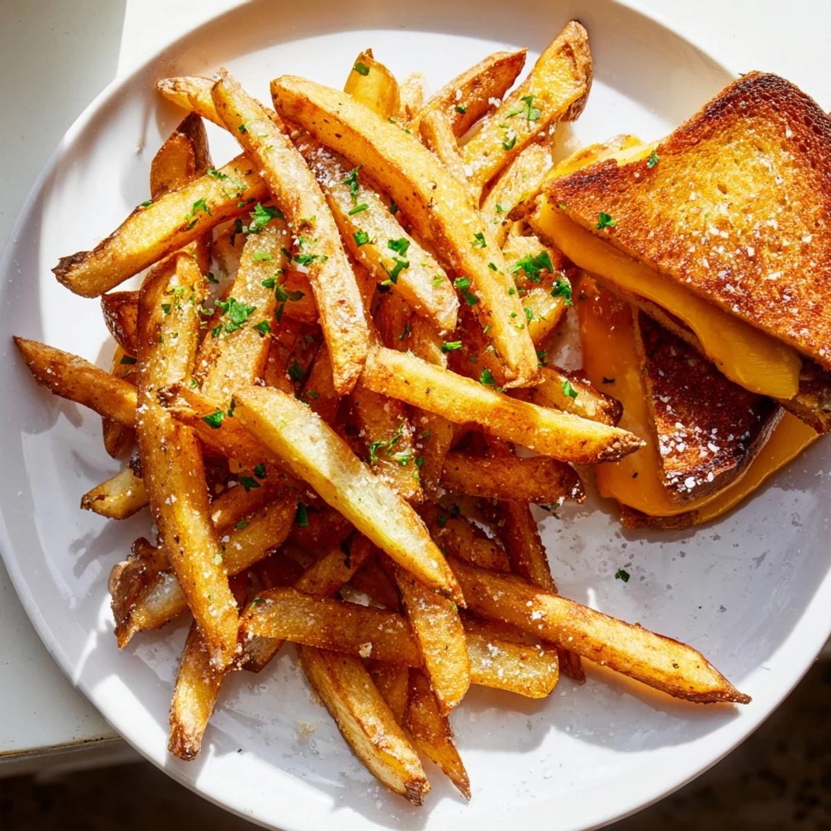 Golden-brown Beef Tallow French Fries Grilled Cheese, perfectly crispy with melty cheese oozing out.