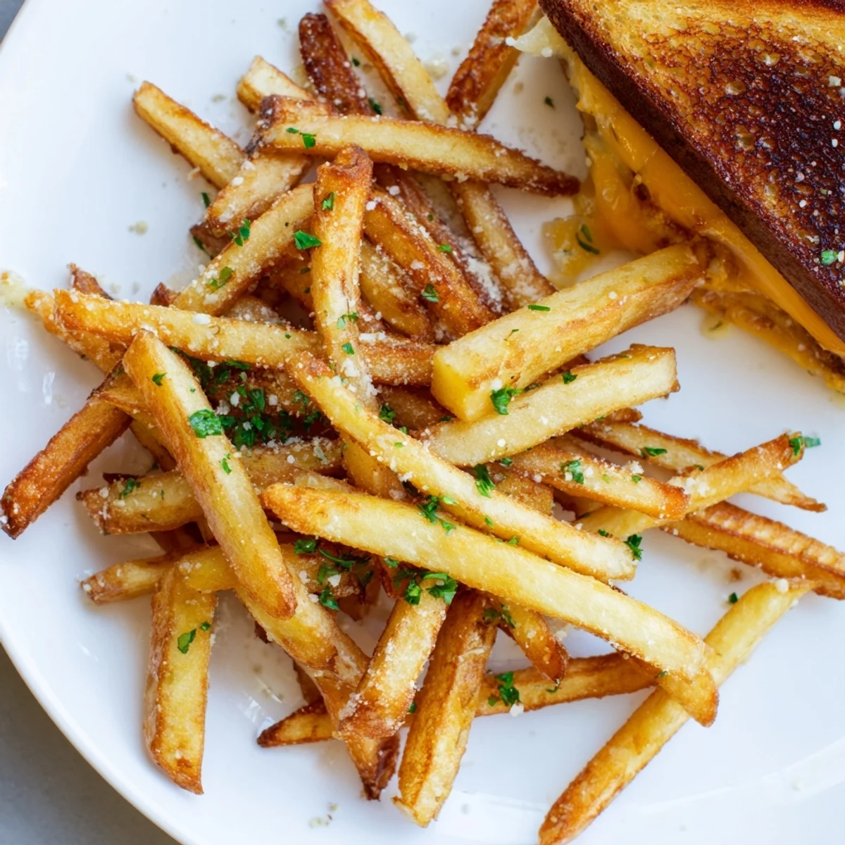 Savory Beef Tallow French Fries with a grilled cheese sandwich, a delicious comfort food pairing.