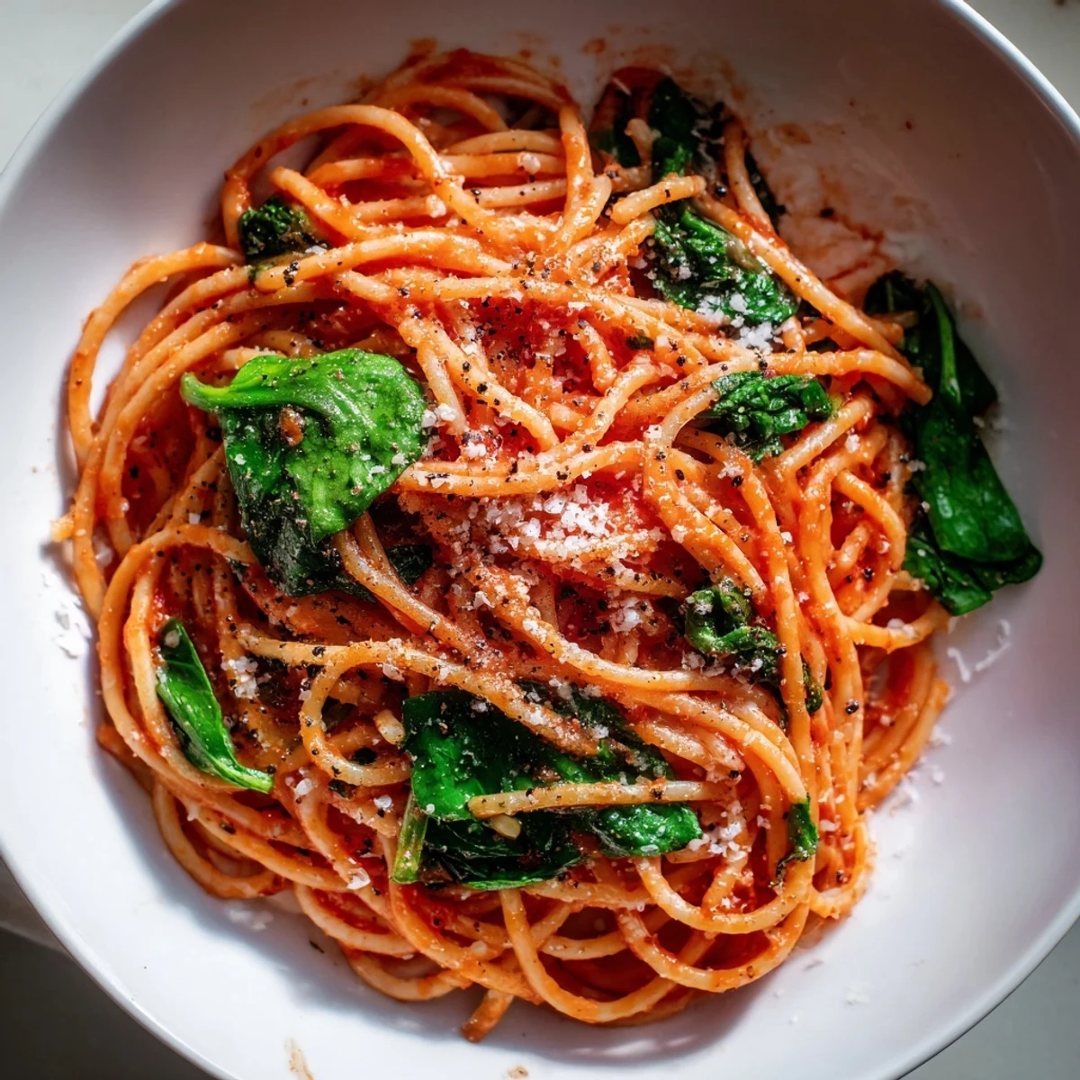 A steaming bowl of quick marinara pasta with spinach, ready to be devoured.