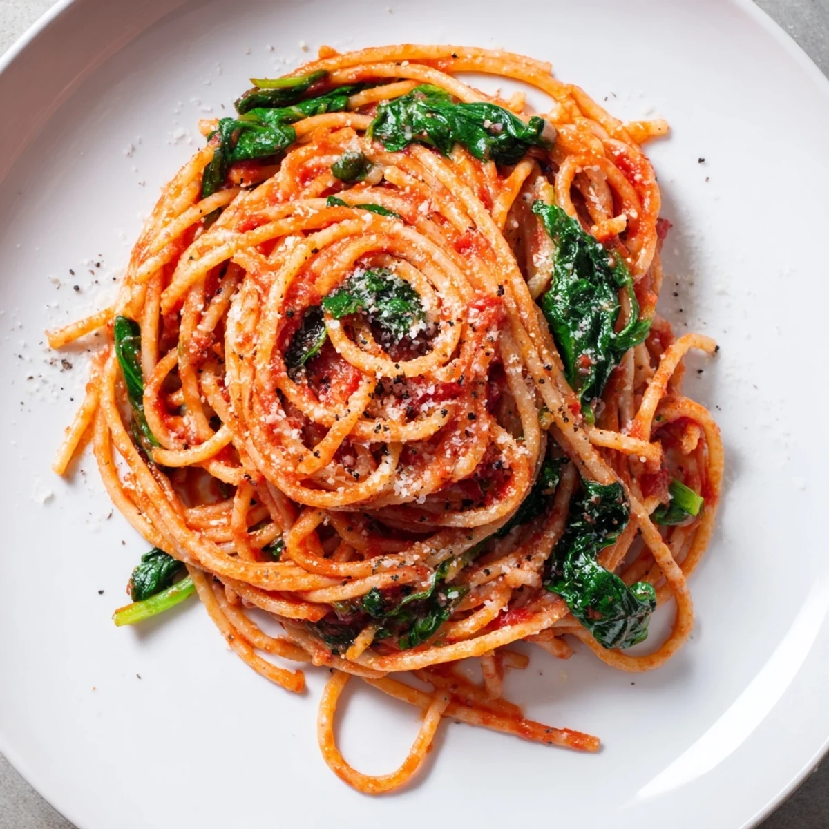 Vibrant red quick marinara pasta with spinach, topped with Parmesan and fresh basil leaves.