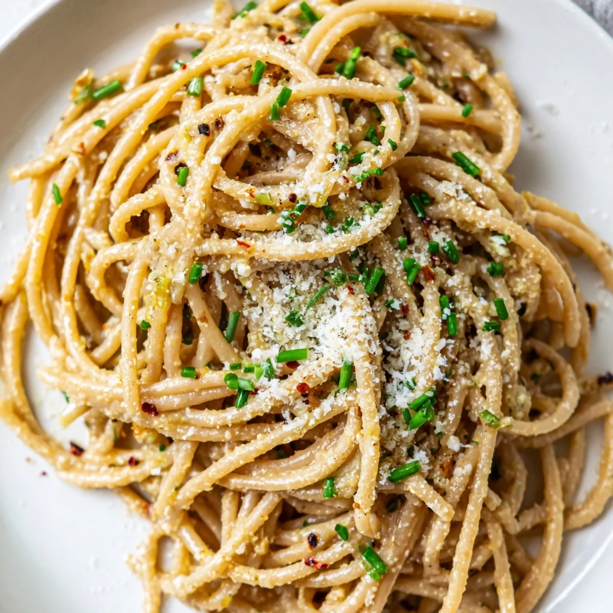A steaming bowl of delicious Miso Butter Pasta, glistening with melted butter and fresh chives, ready to eat.