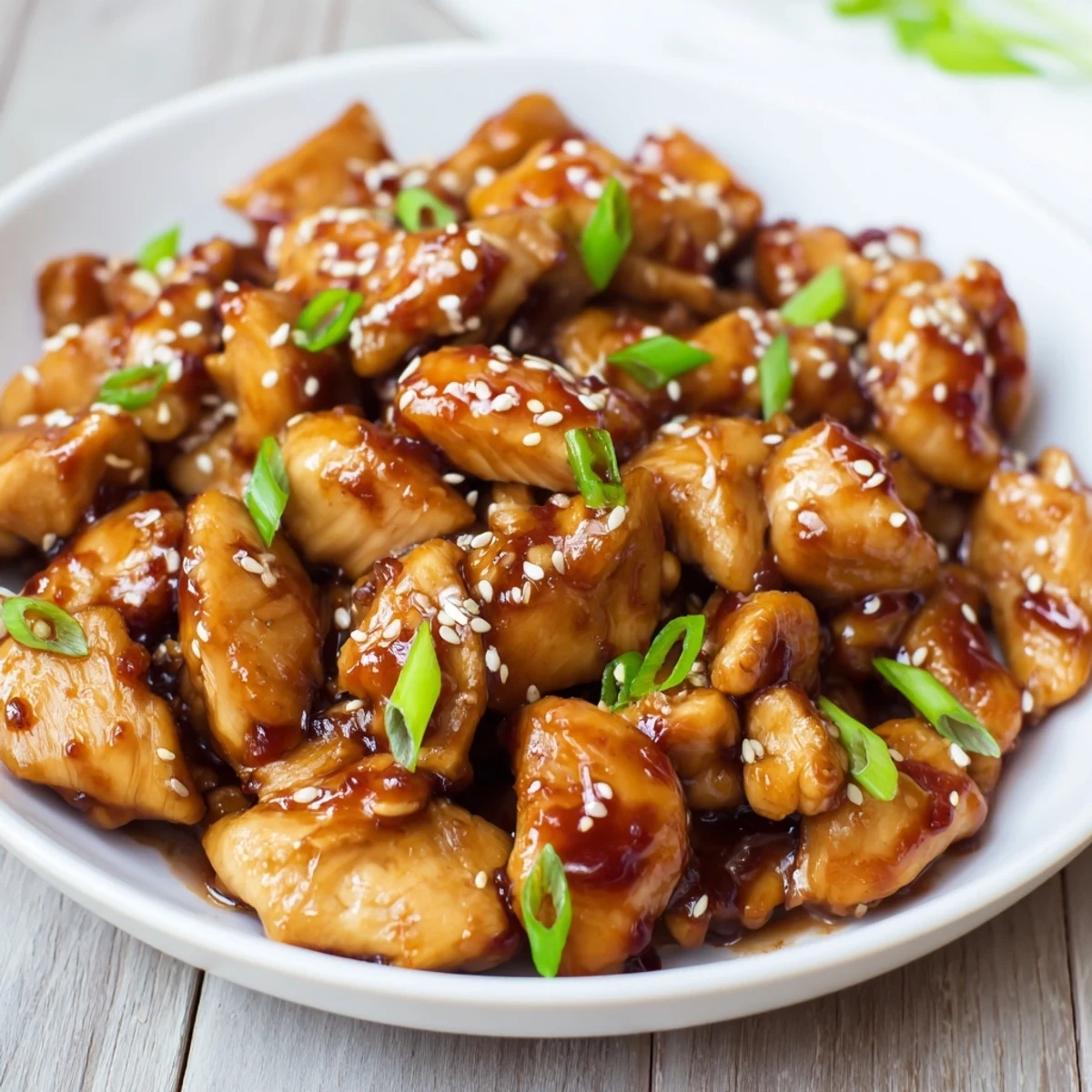 Golden, glazed Sweet and Spicy Sriracha Honey Chicken glistening after it's tossed in the zesty, sweet sauce.