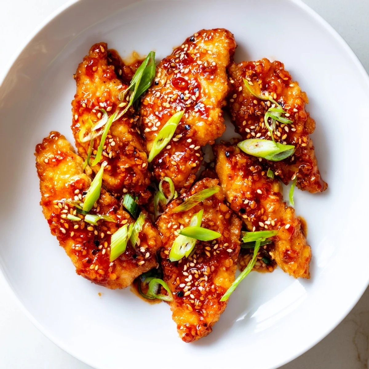 Savory Sweet and Spicy Sriracha Honey Chicken, with green onion garnish, ready for a satisfying, spicy dinner.