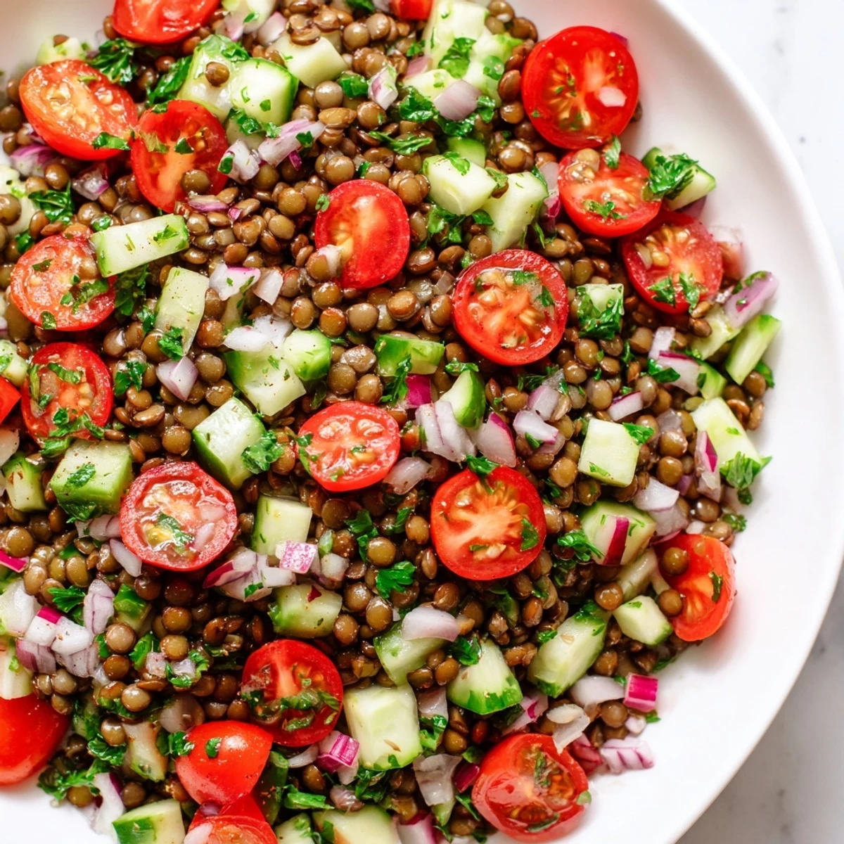 Close-up of a refreshing lentil salad, garnished and ready to be enjoyed as a side dish.