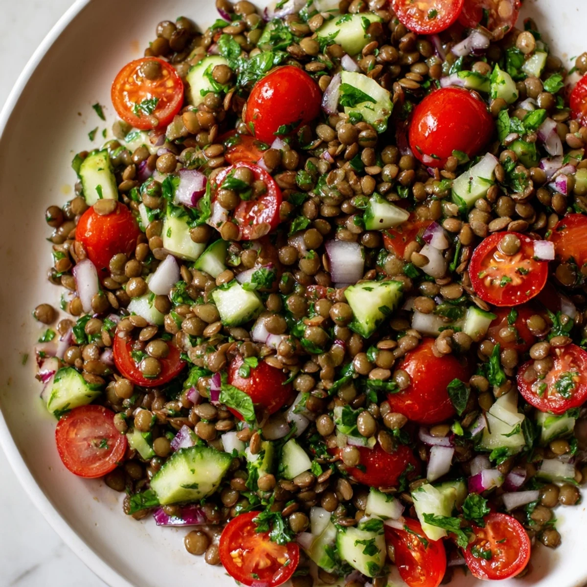 This vibrant lentil salad, shown with fresh herbs, is ready for a nutritious, satisfying meal.