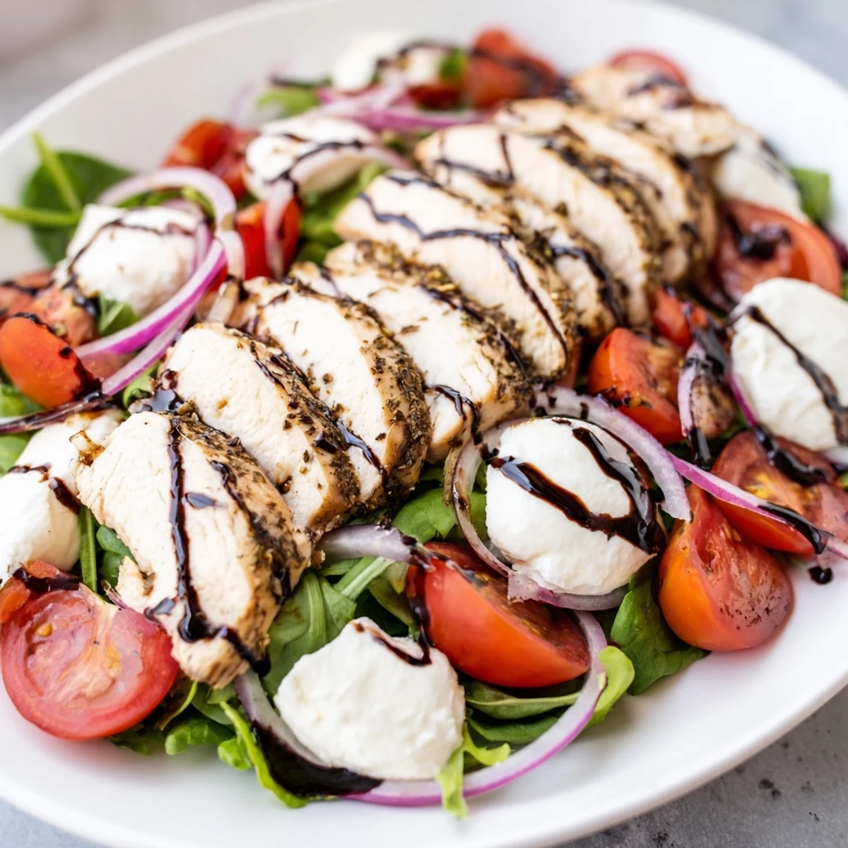 Imagine the flavors of Caprese Chicken Salad: grilled chicken, delicious tomatoes, and creamy mozzarella combined!