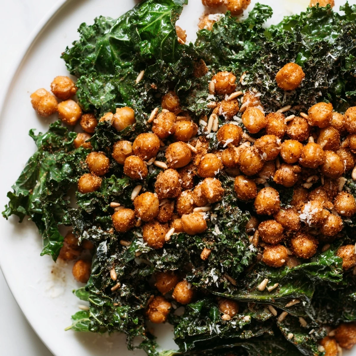 Warm kale salad with crispy chickpeas, a colorful plate of vibrant greens and golden chickpeas.