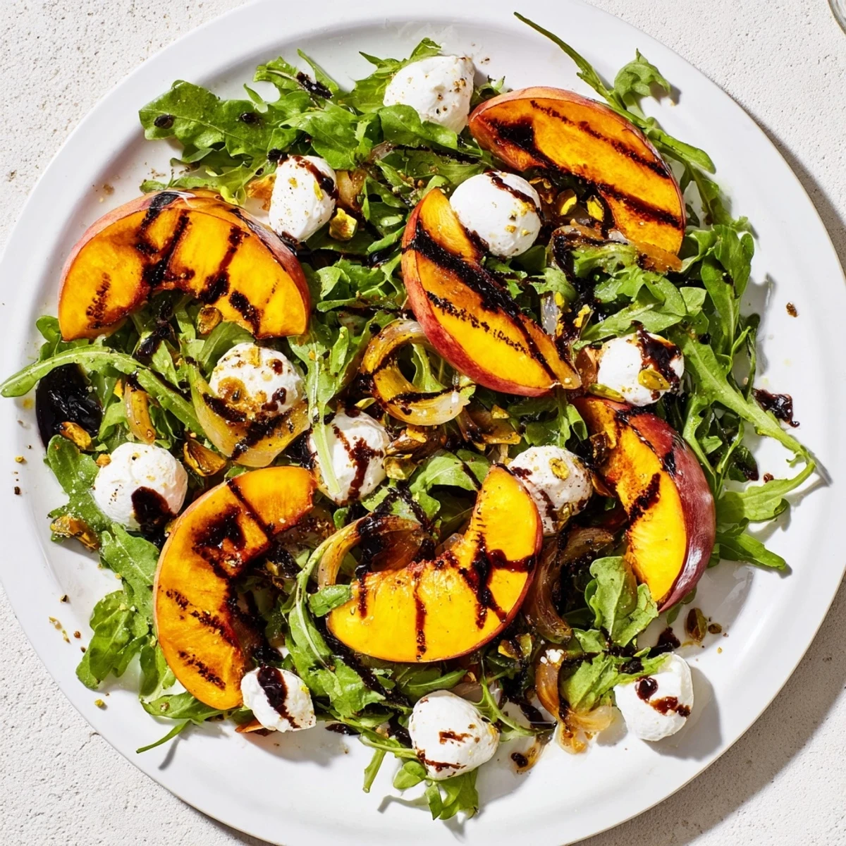 Grilled Peach Salad with charred peaches, creamy burrata, and a balsamic drizzle ready to serve.