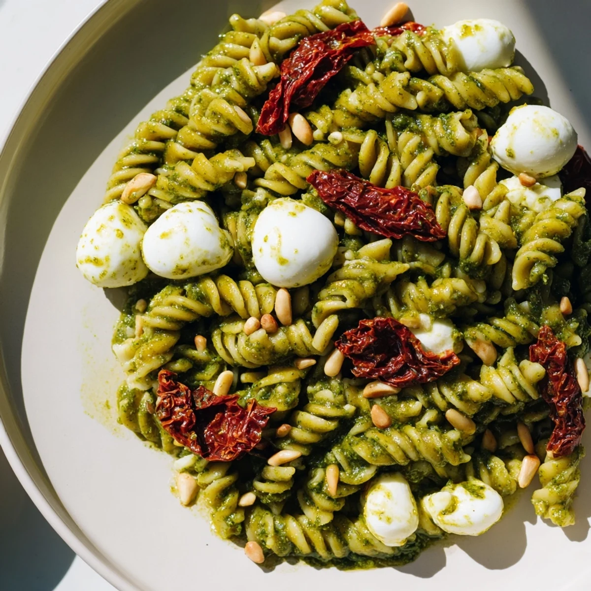 Vibrant Pesto Pasta Salad features colorful sun-dried tomatoes and creamy mozzarella mingling with pasta.