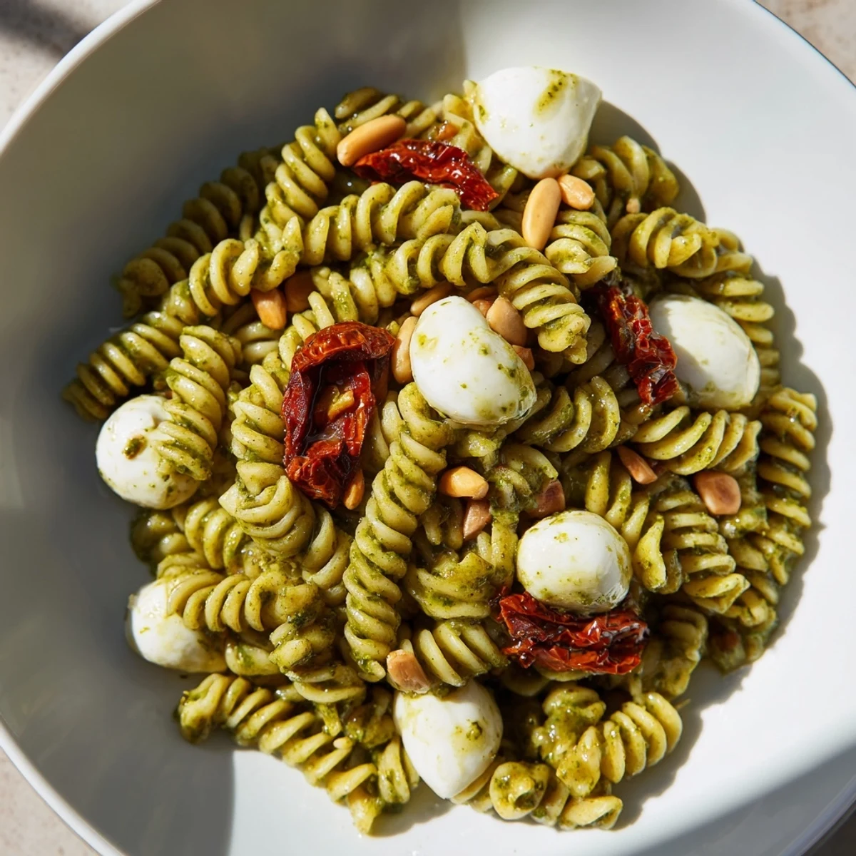 This satisfying Pesto Pasta Salad displays a delicious combination of pasta, pesto, and toasted pine nuts.