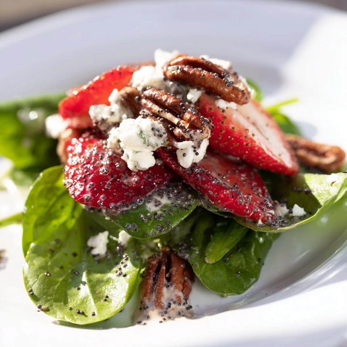 Vibrant strawberry spinach salad, featuring sweet berries and crunchy pecans ready to eat.