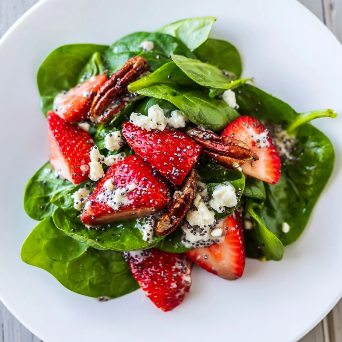 Fresh strawberry spinach salad bowl, showcasing bright red berries and creamy poppy seed dressing.