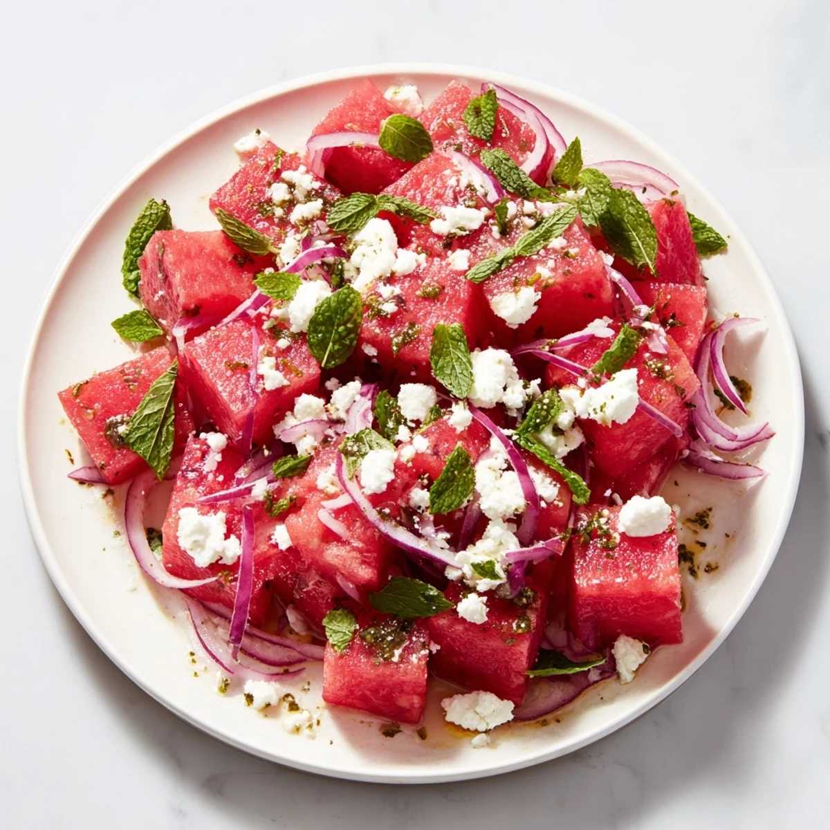 Vibrant watermelon feta salad, a refreshing mix of sweet melon and salty cheese, ready to enjoy.