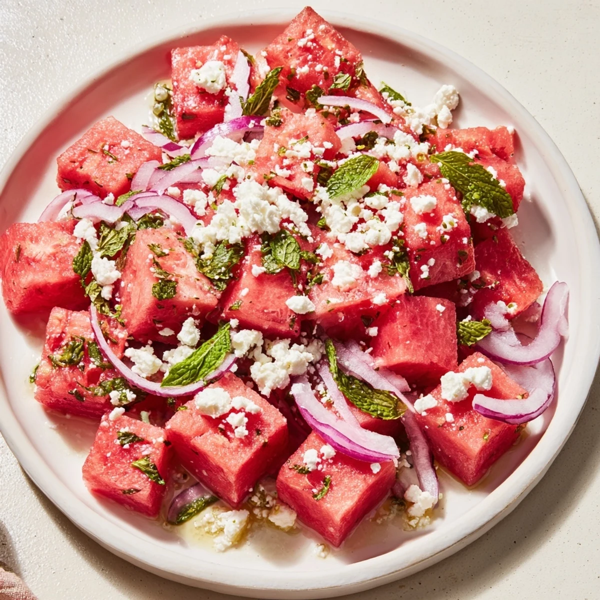 Summer-perfect watermelon feta salad, featuring juicy cubes and creamy feta, tossed with fresh mint.