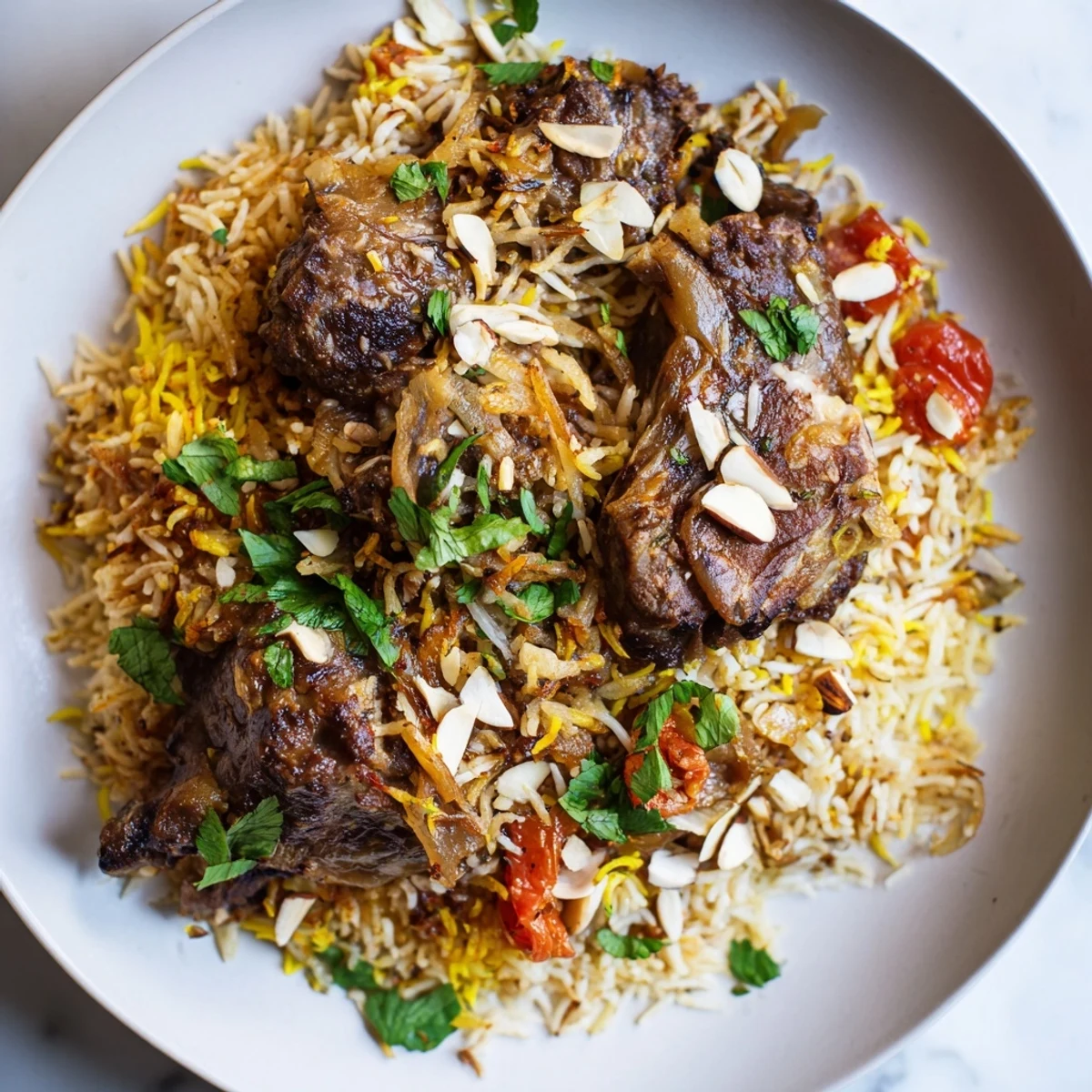 A flavorful Qatari Majboos features tender lamb over fluffy, fragrant basmati rice with spices.