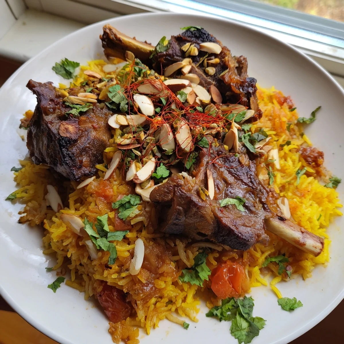Golden-brown lamb pieces sit atop the spiced rice in this inviting Qatari Majboos dish.
