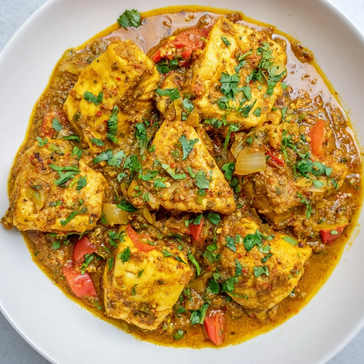 Steaming Bahraini Fish Curry served with fluffy white rice, aromatic and flavorful to savor.