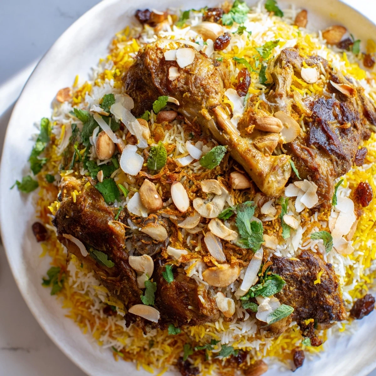 A close-up of steaming Kuwaiti Biryani rice, layered with marinated meat, spices, and toasted nuts.