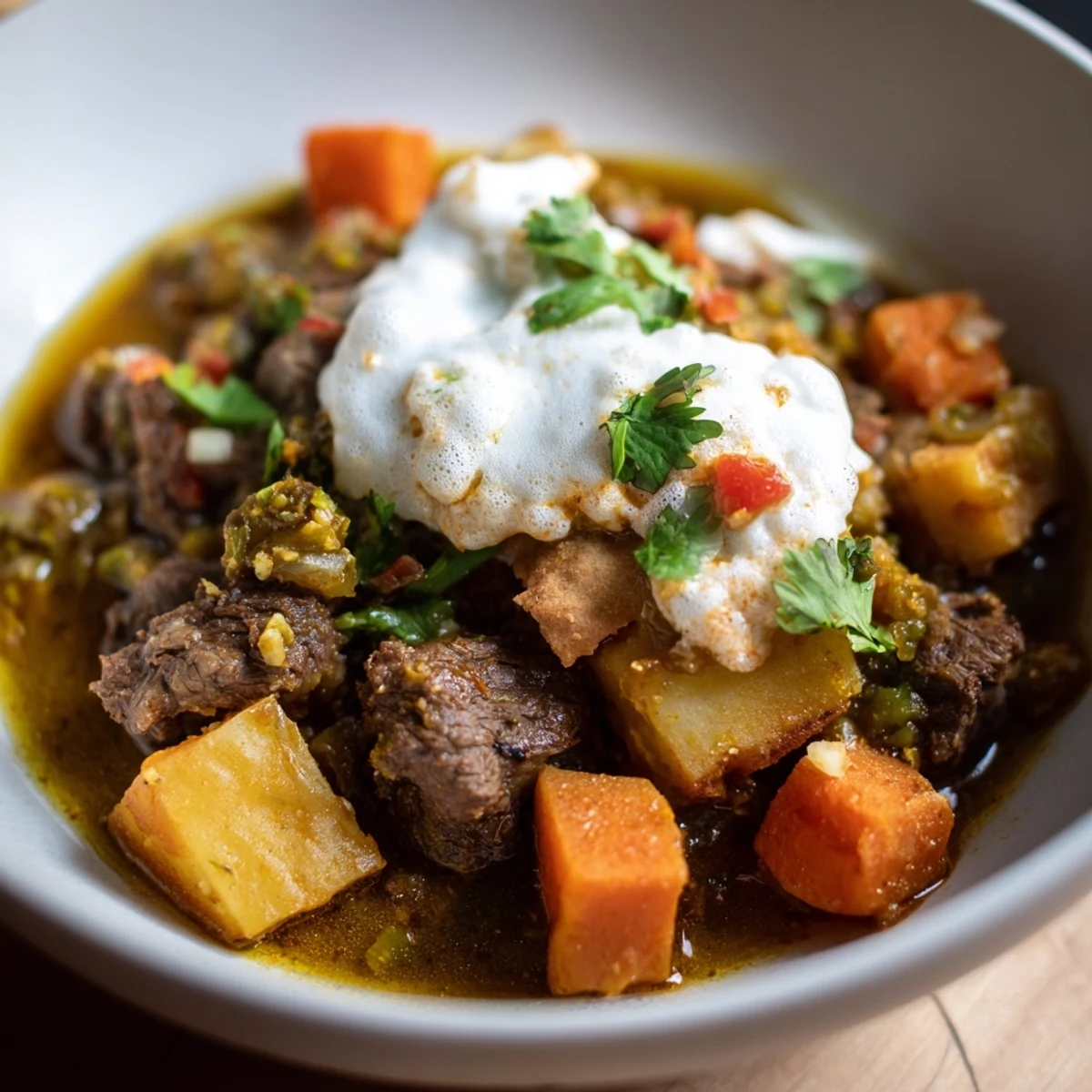 A fragrant bowl of Yemeni Saltah stew, with fluffy fenugreek topping and torn flatbread visible.