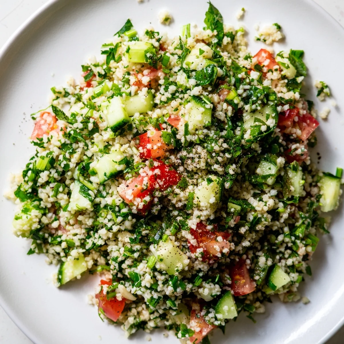Close-up of a vibrant bowl of Lebanese Tabbouleh Salad, showcasing fresh herbs and lemon dressing.