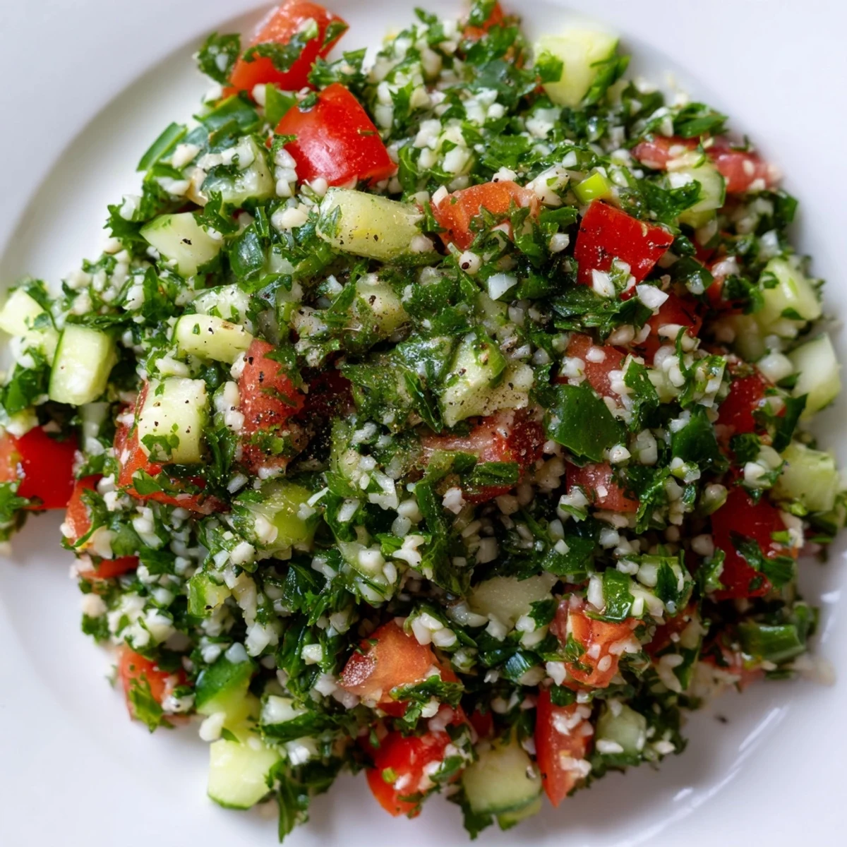 Cool, healthy Lebanese Tabbouleh Salad served, a vegan Middle Eastern dish bursting with flavor and freshness.