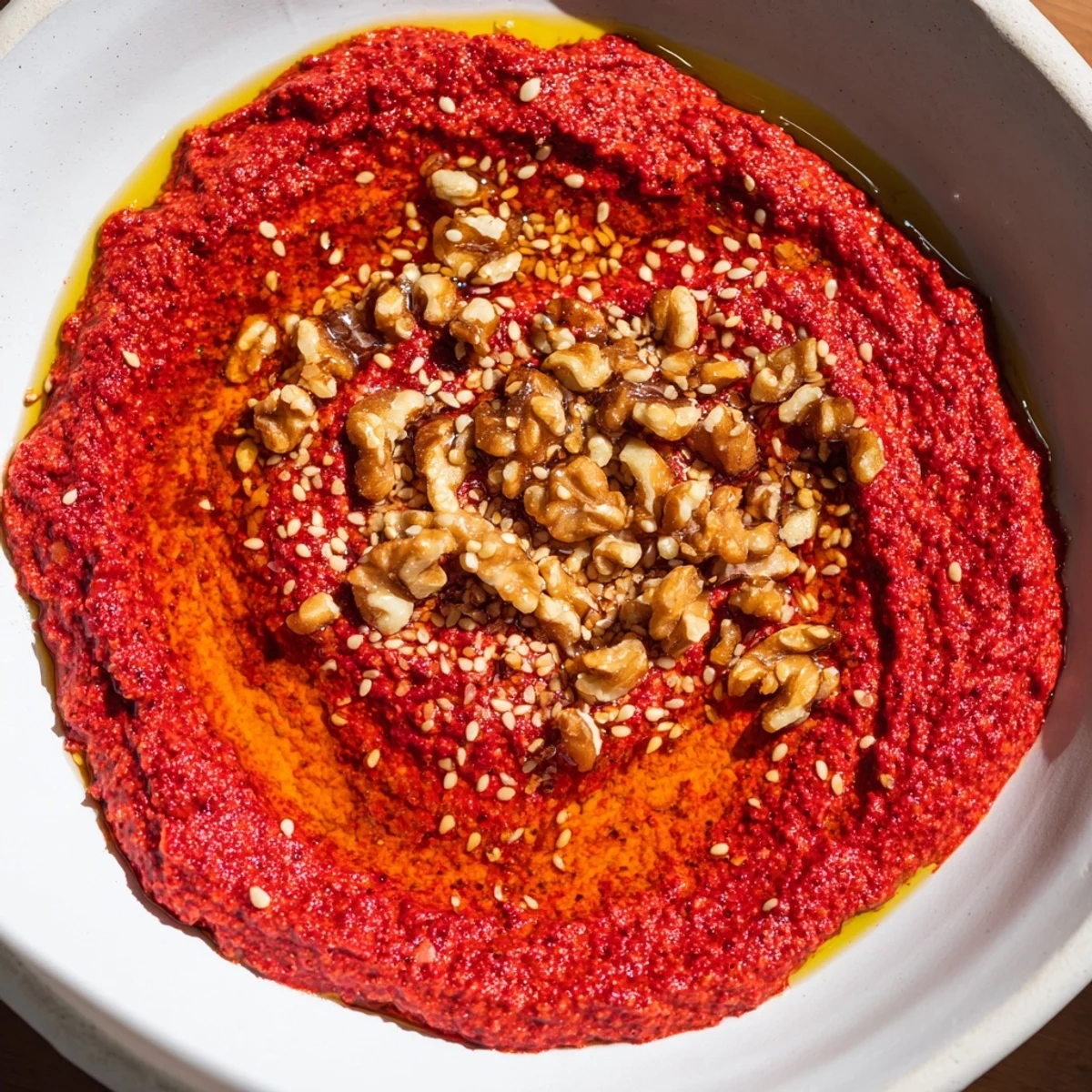 Smoky Syrian Muhammara dip, a vibrant red color, served with warm pita bread for dipping.